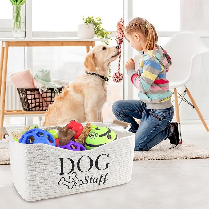 Woven Dog Toy Basket,Dog Stuff Organizer,Collapsible Dog Toy Bin | 100% Cotton Rope Basket with Wood Handles, Dog Organizer for Dog Toys,Collar,Leash,Blankets,Soft and Durable-Beige
