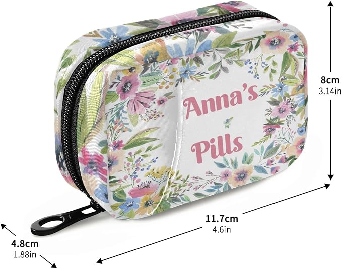 Custom Pill Box 7 Day Pill Case Bag Watercolor Flower Personalized Name Travel Pill Organizer Bag with Zipper Portable Weekly Case Compact Size for Vitamin Supplement Holder
