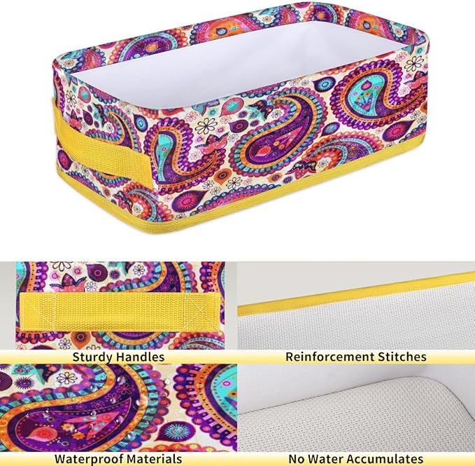 Paisley Folk Style Bathroom Storage Basket, Foldable with Handle Open Countertop Paper Towel Decorative Box, Toilet Tank Top Shelf Baskets for Home Closet Bedroom Living Room Office