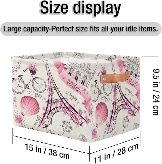 Storage Basket Floral Paris Eiffel Tower, Large Foldable Organizer Storage Bins for Shelves, Sturdy Canvas Cubes Storage Boxes with Handles for Toys Closet Nursery Office Living Room 15" x 11" x 9.5"