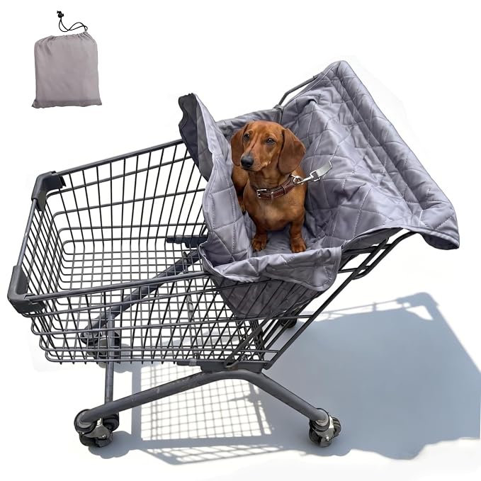 Portable Dog Shopping Cart Cover, Soft Fabric Cart Cover for Pets | Shopping Cart Hammock Secured with Hook and Loop with Safety Ropes, Comfortable and Easy to Clean with Carry Bag (Gray)