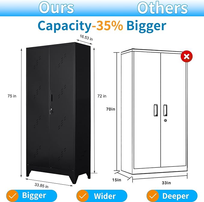 Metal Storage Cabinet, 75" Cleaning Tool Cabinet with Locking Door, Tall Storage Sheds Tool Organizer, Large Broom Cabinet for Bathroom, Laundry Room, Kitchen, Pantry, and Humid Environments