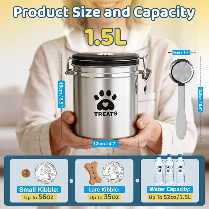ENONCI Airtight Dog Treat Canister, 304 Stainless Steel Food Storage Jar with Date Dial Silver-1.5L
