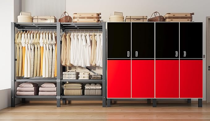 49.2in Heavy Duty Portable Closet with Cover, 1500lbs Foldable Covered Metal Clothing Wardrobe Closet System, Heavy Duty Garment Rack for Hanging Clothes, for Bedroom, Apartment, Rental Property,Red
