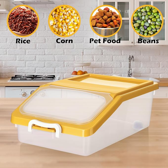 Blushtier 3 Pcs Rice Storage Container 11 lb Airtight Flour Container with Wheels Measuring Cup Clear Pet Food Dog Cat Birds Food Bin Grain Cereal Organizer Box for Dry Baking Supplies(Yellow)