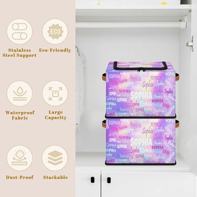 Custom Storage Baskets Named with Zipper Lid, Personalized Storage Bins Basket Boxes PU Handles for Clothes Bedroom Closet Organizing Toys Books Shelves, Bright Purple Galaxy Background