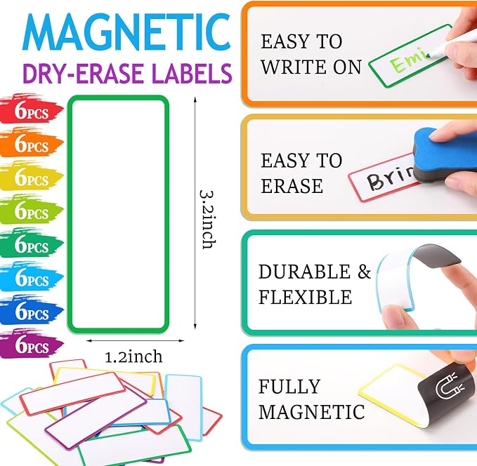 Tellegloww 6 Rolls 1/4" Magnetic Whiteboard Tape Set 33ft Magnetic Tape Roll Thin Strips Borders for Classroom Whiteboard with 48pcs Dry Erase Label for Classroom School Office Home Students (Black)