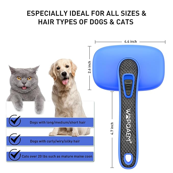 Self Cleaning Slicker Brush for Dog, Cat, Skin Friendly Shedding & Grooming Tool for Long and Short Haired Pets, Easy Clean Retractable Bristles, Blue