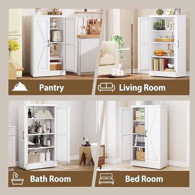 White Metal Storage Cabinet, 43" Kitchen Pantry Cabinets for Office | Steel Kitchen Pantry Storage with Doors and 3 Adjustable Shelves, Metal Tool Cabinet, for Office, Home, Garage, School