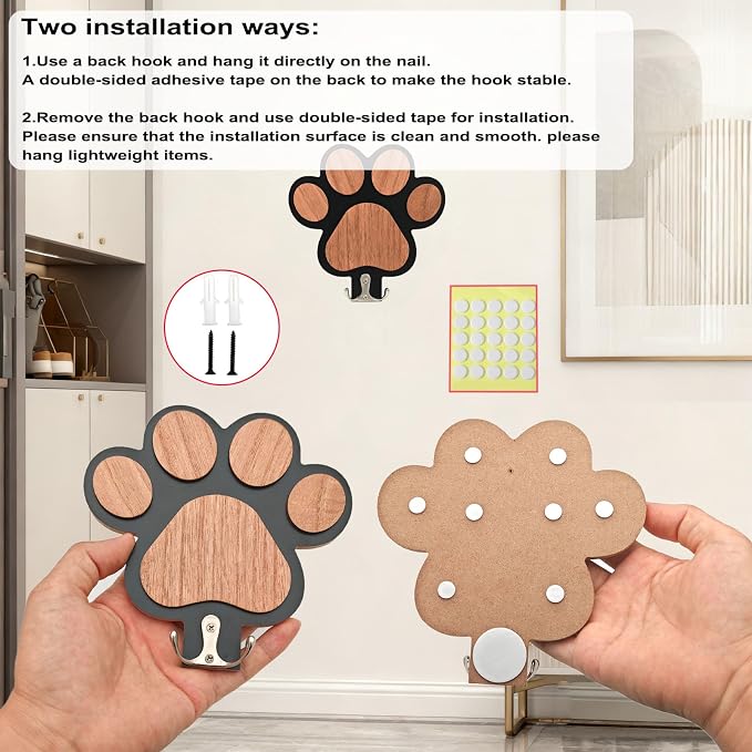 Goodangie00 Wooden Dog Leash Holder Wall Decoration, 3D Dog Paw Harness Wall Mount Hanger Organizer Hooks for Rustic Home Decor, Leashes, Keys, Collars, Hallway, Pet Lover Gift（Black）