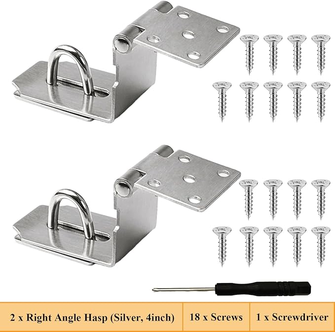 2 Pack 90 Degree Stainless Steel Padlock Door Clasp, 4 Inch Security Lock Latch Hasp, for Garden Wooden Gate, Shed Barn Door, Closets, Cabinets, Pet Cage, Storage Box, Silver