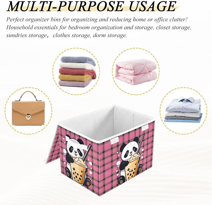 Panda Milk Tea Fabric Storage Bins with Lid Closet Storage Basket 40L | Foldable & Stackable, Flip Top Dust Guard, Reinforced Handles, Home & Bedroom, Clothes & Toys, Panda Print Basket
