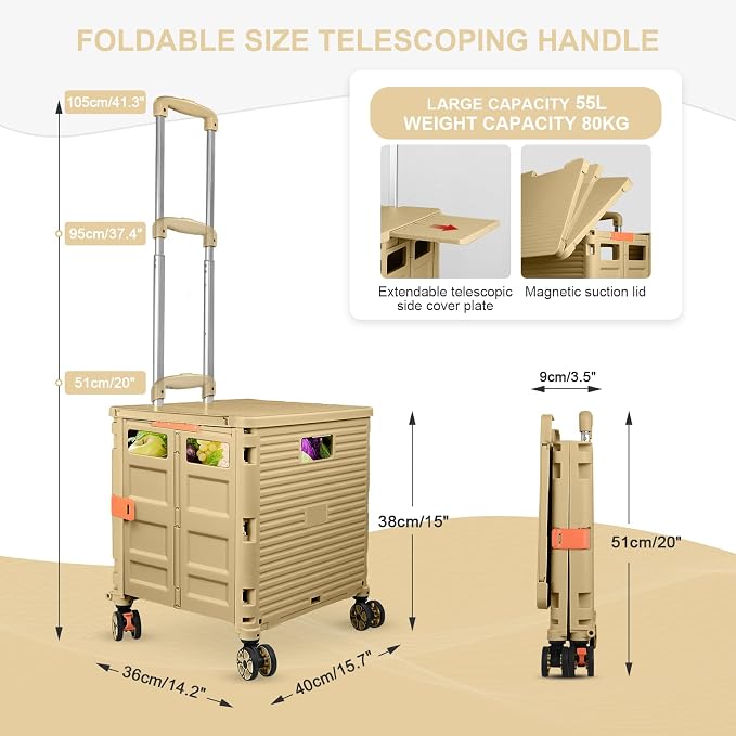 FELICON SELORSS Folding Utility Cart Portable Rolling Crate Handcart-Khaki | Magnetic Sliding Lid,Telescoping Handle,Plastic Box Dolly,360°Swivel Wheels for Travel Shop Move Laundry Office Teacher Use