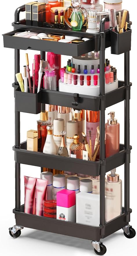 SUNALLY Makeup Cart Organizer with Drawer,4 Tier Rolling Makeup Cart, Black | Rolling Vanity Storage for Skin Care Perfume Nail Polish, Floor Skincare Organizers Cosmetics Display Bathroom Storage Cart