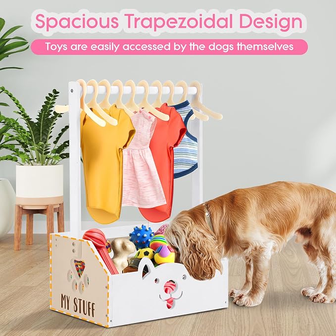 Chunful Dog Closet Wardrobe, Storage Bin, 5 Hangers, Wooden,White | Organize Pet Clothes and Toys, For Small Dogs and Cats, Includes Wardrobe Rack and Storage Box, Natural Wood, 19"x13"x9"