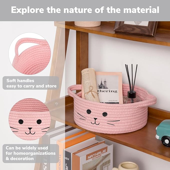 Small Woven Rope Cat Toy Basket with Cat Face Design, Pink | 9.8" x 4" Cute Toy Storage Bin for Girls' Living Room & Nursery, Baby Gift Baskets Empty with Sturdy Handles