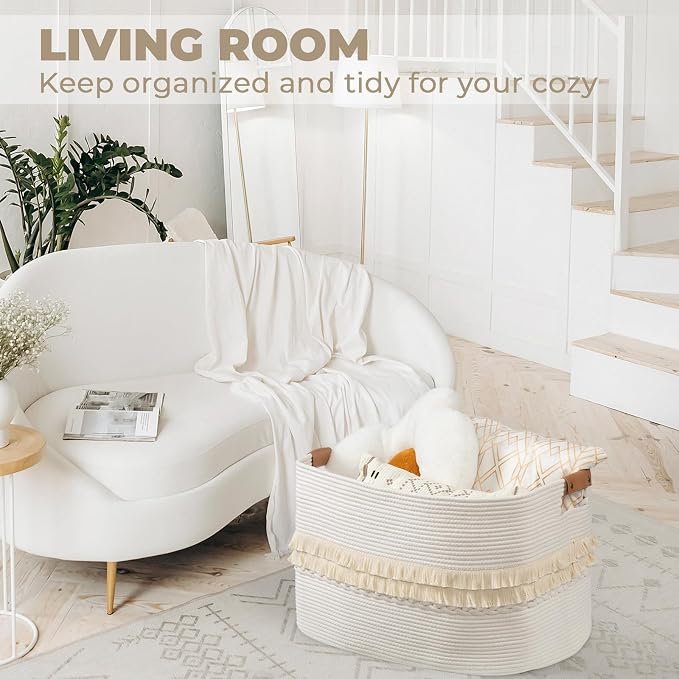 danpinera 108L Large Basket for Living Room, Boho Decorative Basket Organizing with Handles, Cotton Rope Storage for Toys, Pillows, Clothes, 25’’*16’’*16’’ White