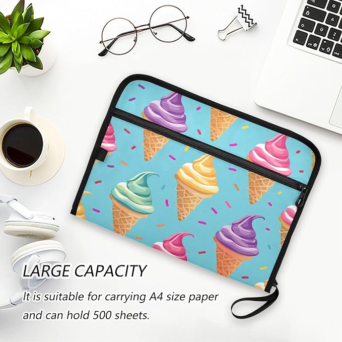 Ice Cream File Organizer 13 Pocket Expanding File Folder with Front Pouch Portable Business Fire Storage Document Organizer Folder with Zipper