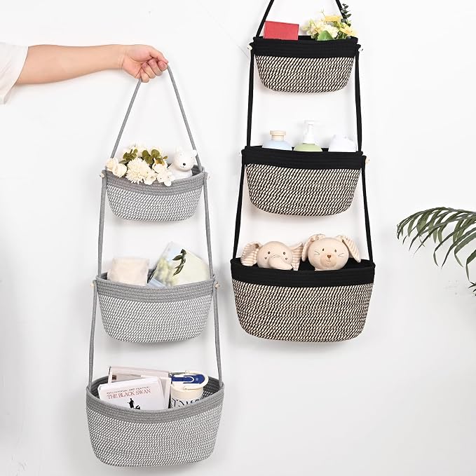 Hanging Basket, 3-Tier Woven Wall Basket with 4 Hooks, Cotton Rope Storage Baskets, Over the Door Organizer for Nursery, Bedroom, Cottage and Boho Wall Decor