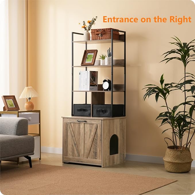 Dwanton Cat Litter Box Enclosure, 3 Storage Shelves and 2 Drawers, 61.8" H | 2-in-1 Hidden Cat Litter Box Enclosure Furniture with Shelf, Metal Frame, Reversible Entrance, Washable Drawers, Greige