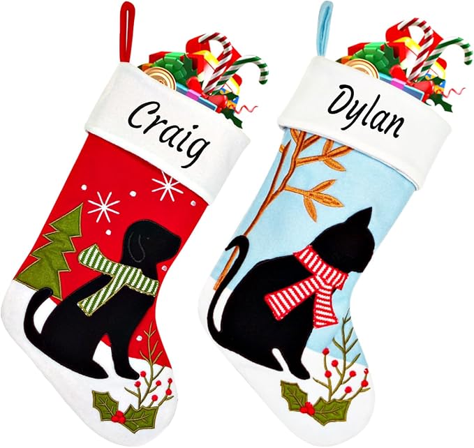 Personalized Christmas Stockings for Dogs Cats, Custom Pet Christmas Stockings with Embroidered Name, Red Blue Dogs Cat Xmas Stockings for Holiday Decoration (5 Pcs)