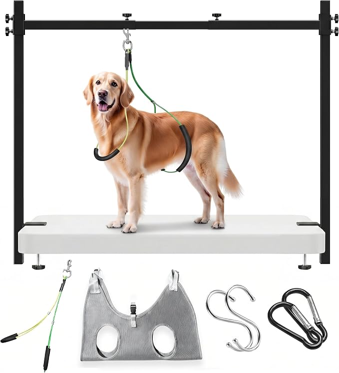 H Shape Dog Grooming Arm for Table, L Size Hammock, 42" H, 31-43" W | Heavy Duty, Adjustable Grooming Stand, Clamp Fits up to 2.76", with Hammock & 2 Nooses for Home Grooming & Nail Trimming