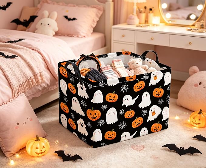 Rectangular Halloween Basket for Boys and Girls Kids Trick or Treat Pumpkin Basket for Halloween Parties Cute Storage Bin Organizer Box Room Decor(Spider Web Ghost)