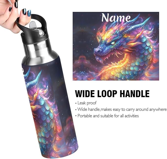 Custom Name Colorful Rainbow Dragon Water Bottle with Straw Lid Kids Insulated Stainless Steel Water Flask Sports, 20 Oz Hot Cold