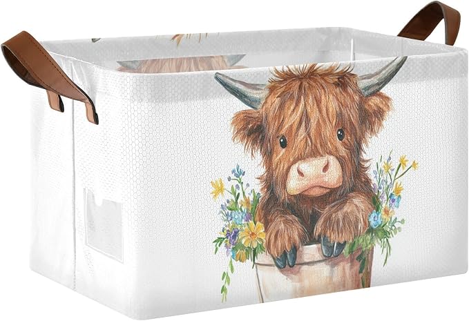 Cute Highland Cow in Flower Pot Storage Bins for Shelves with Labels&Handles Fabric Organizer Bin Foldable Rectangle Storage Basket Boxes for Closet, Bathroom, Home, Living Room