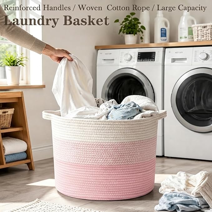 115L Extra Large Blanket Basket,Woven Laundry Basket-Mixed Pink | Collapsible, reinforced handles, nursery storage bin organizes clothes, toys and pillows for living room, bedroom bathroom