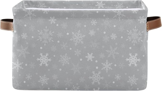 Wamika Winter Snowflake Gray Storage Basket with Waterproof Liner and PU Handles Christmas Snow Xmas Storage Bins Boxes 14.2" Collapsible Decorative Organizer Baskets for Bedroom Closet Office 1 Pack