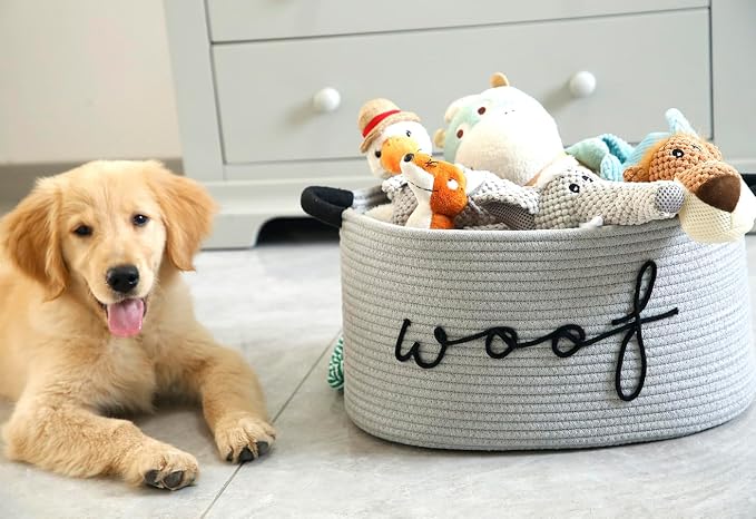 Woof Dog Toy Basket Woven Pet Baskets Storage Bin Box with Durable Handles, Pet Supplies Puppy Bins Perfect for Organizing Dog Toys Blankets and Accessories, Gray