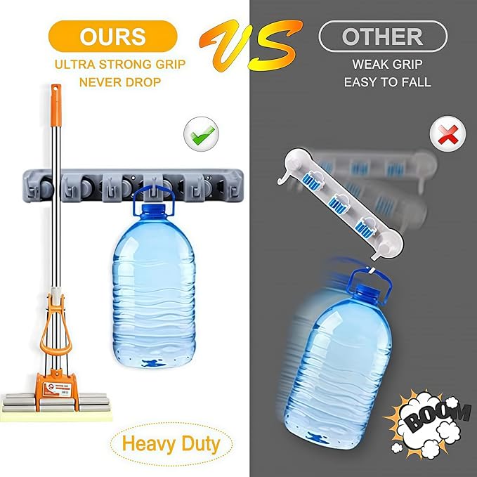 Broom Holder Wall Mount with Hooks & Slots, Wall Hanger for Home | Heavy Duty Mop Holder Wall Mount for Shovel, Rake Hang | Garage, Home Storage, Kitchen, Laundry & Shed