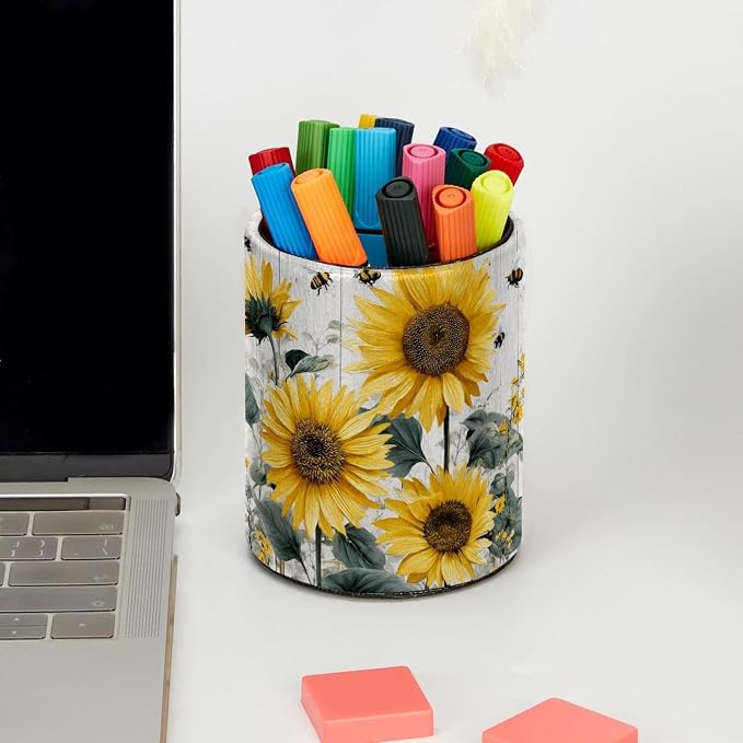 Faux Leather Pen Holder for Desk, Pencil Organizer Retro Wooden Board Sunflowers Pen Cup Desk Decor Makeup Brush Holder Storage for Office Home