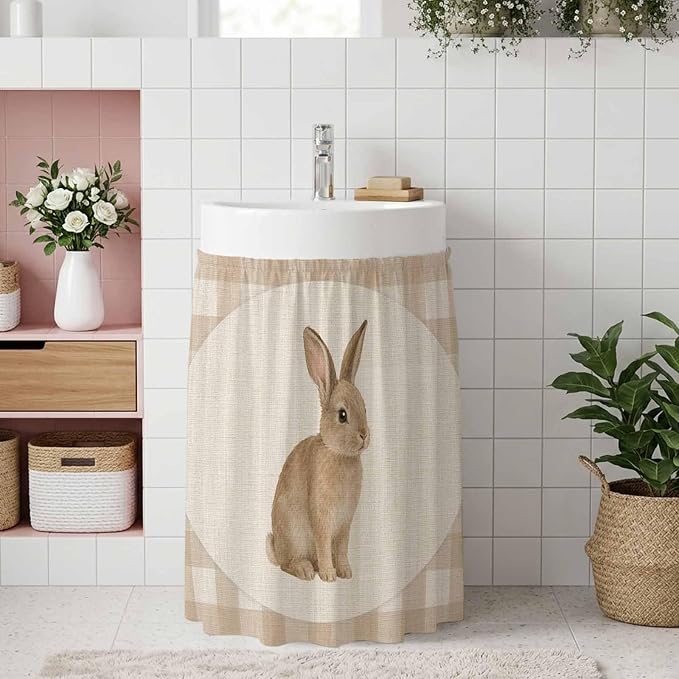 Rabbit Plaid Oven Skirt Curtain for Kitchen Decor 28"x35", Rustic Farmhouse Checkered Retro Animal Self Adhesive Stove Curtains Skirt Cabinet Curtains for Bathroom Laundry Room