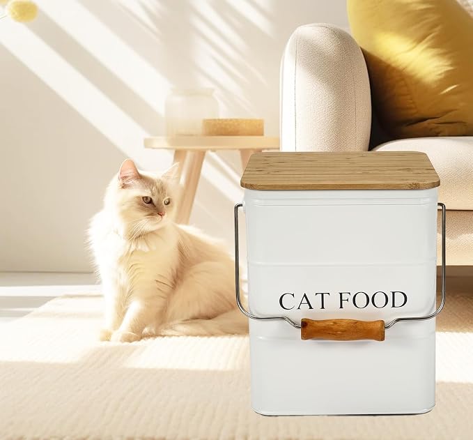 Morezi Cat Food Storage Container Storage bin with Wooden lid Scoop Included White Metal cat Food Container in Kitchen countertop