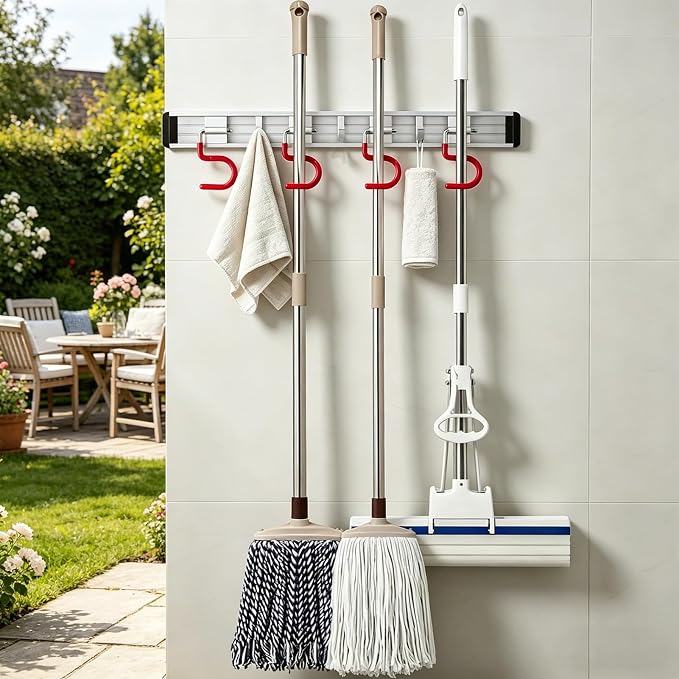 Wall Mounted Mop and Broom Holder Stainless Steel S Type Broom Rack Anti-Slip Mop Organizer (34Inches,8 Positions 6 Hooks, Red White)