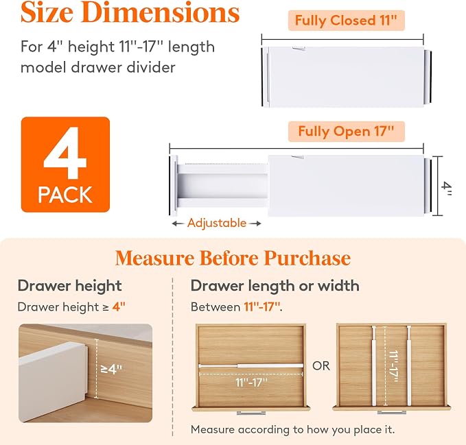 Lifewit 4" High Upgrade Drawer Divider, Adjustable Drawer Organizer Clothes | 4 Pack 11"-17" Expandable White Plastic Drawer Separator for Dresser, Kitchen, Closet, Nursery, Office Organization & Storage