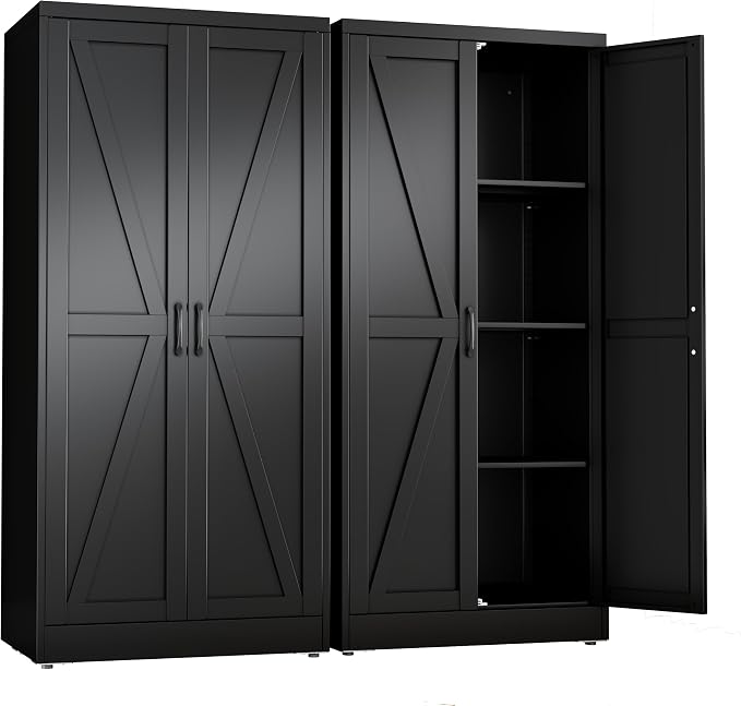 Black Metal Storage Cabinet, 63" Kitchen Pantry Cabinets for Office | Steel Kitchen Pantry Storage with Doors and 3 Adjustable Shelves, Metal Tool Cabinet, for Office, Home, Garage, School