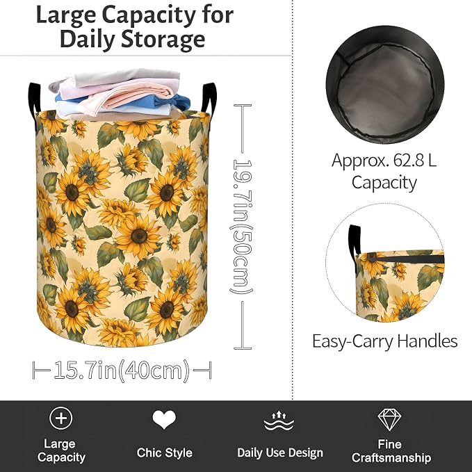 Vibrant Sunflower Laundry Basket, Yellow Floral Foldable Oxford Cloth, Waterproof Dirty Clothes Hamper with Handles, Clothing Storage Bin Toy Organizer for Bedroom Dorm Bathroom, 19.7"x15.7"