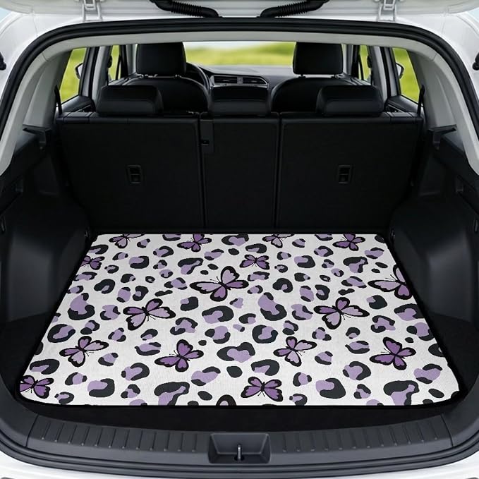 Leopard Print Pet Friendly Car Trunk Mat 29" x 39", Butterfly Pattern Non Slip Cargo Liner for Cars Trucks, All Weather Washable Durable Rear Trunk Liners