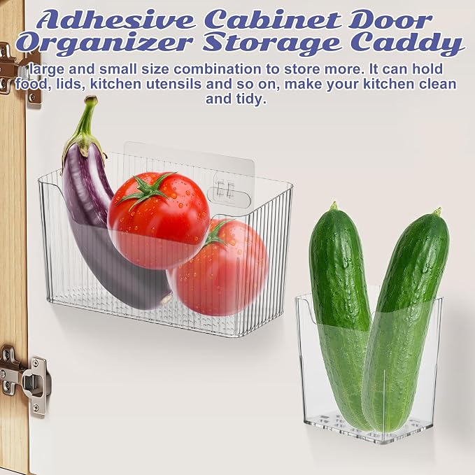 4 PCS Adhesive Cabinet Door Organizer, 2 Size Wall Mounted Inside Cabinet Storage Caddy, Under Sink Door Storage Shelf for Kitchen Bathroom Office