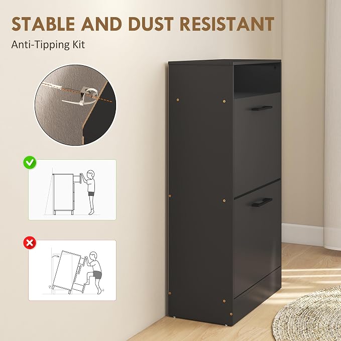 HOMCOM Shoe Cabinet with 2 Flip Drawers, Open Shelf, up to 12 Pairs, Black | Narrow Storage Cabinet, Adjustable Dividers, Entryway Shoe Storage Unit, for Hallway