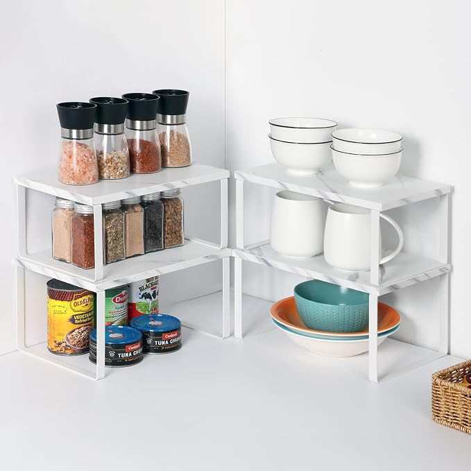 NEX Cabinet Organizer Shelf, Kitchen Counter Shelves Set of 4 | Stackable & Expandable Spice Rack, Space-Saving Pantry Organizers Bathroom Countertop Storage, White