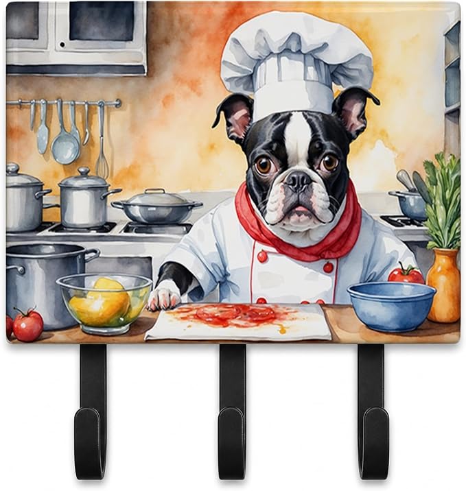 Caroline's Treasures Boston Terrier The Chef Leash or Key Holder Wall Hooks, Key Hooks Holder, Coat Rack Wall Mount, Coat Hooks, Hooks for Hanging Keys, Towels, Aprons, Leashes | Boston Terrier The Chef artwork on ceramic tile with three steel hooks fo...