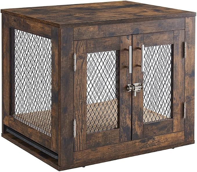unipaws 23.5 Inch Small Dog Crate Furniture, Wooden Dog Kennel with Cushion | Indoor Wood Dog Cage with Tray and Dog Bed, Inside Side End Table Crate for Puppy, Cats, Min Pigs, Rabbit, Up to 25 lbs
