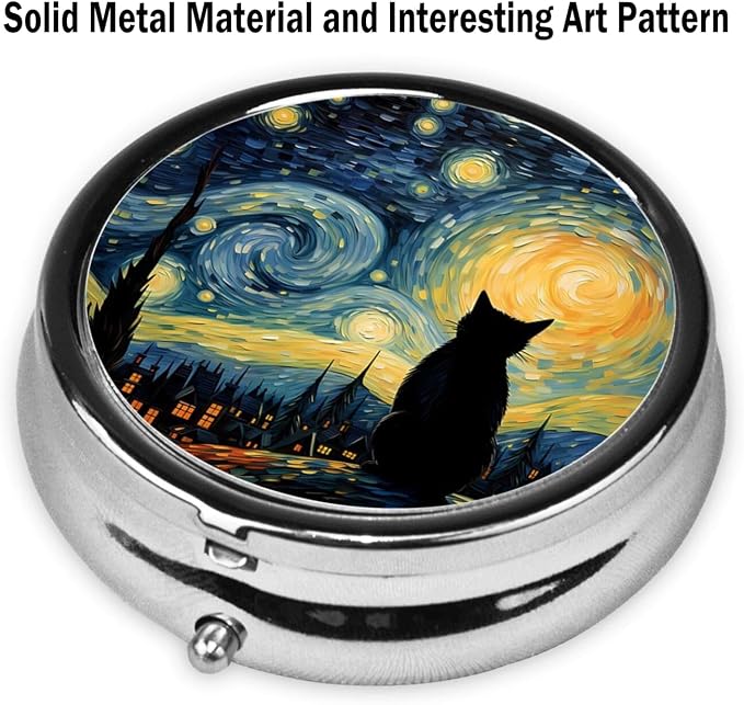 Pill Box, Small Pill Organizer with 3 Compartments and Mirror, Cute Round Portable Travel Metal Pill Case for Pocket or Purse, Privacy-Protecting Medicine Box-Starry Sky Cat