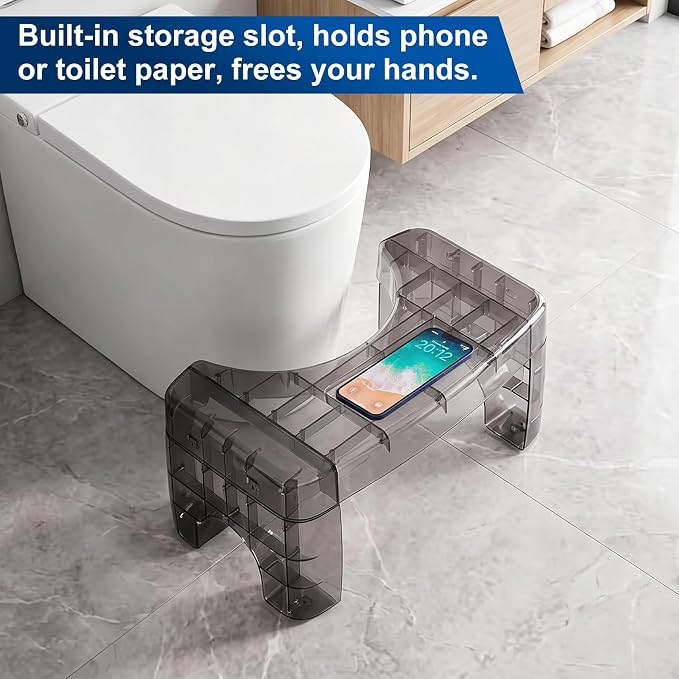 Folding Black Toilet Stool Squat Adult Bathroom Step Stool with Storage | Acrylic, Shatterproof & Heavy Duty, Built-in Phone Storage Slot, Bathroom & Toilet, Adults & Elderly