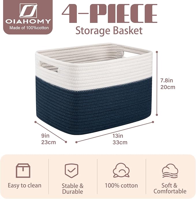OIAHOMY 4 Pack Storage Basket, 13"x9"x7.8" Cotton Rope Baskets for Shelves, Closet Organizer for Bedroom & Living Room, Soft Decorative Bins for Organizing Towels, Books & Toys, Blue & White