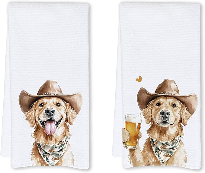 Cabana Bro Funny Cowboy Golden Retriever Kitchen Towels, Golden Retriever Gifts for Women Men, Dog Lover Gifts Decorative Hand Dish Tea Towels for Kitchen Bar Cart, 16x24 Inch Set of 2